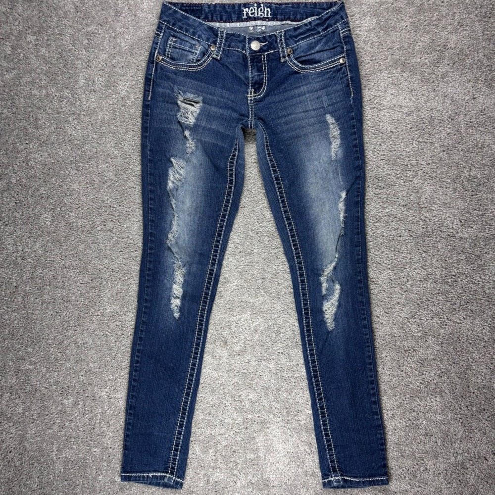 Reign Womens Low Rise Skinny Jeans Dark Wash Distressed‎ Rhinestone Size 7 29x30